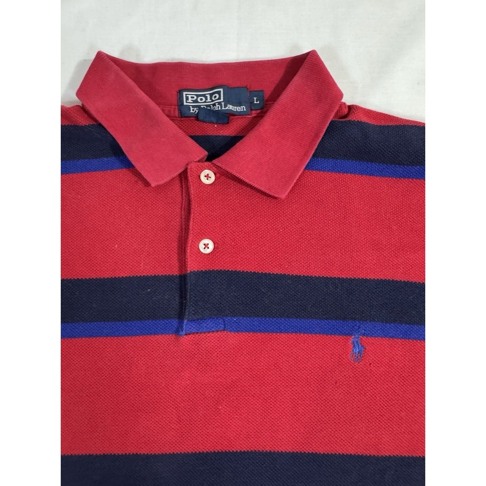 90s Vtg Ralph Lauren Polo Mens Shirt L Red‎ Blue Striped Short Sleeve Rugby Golf